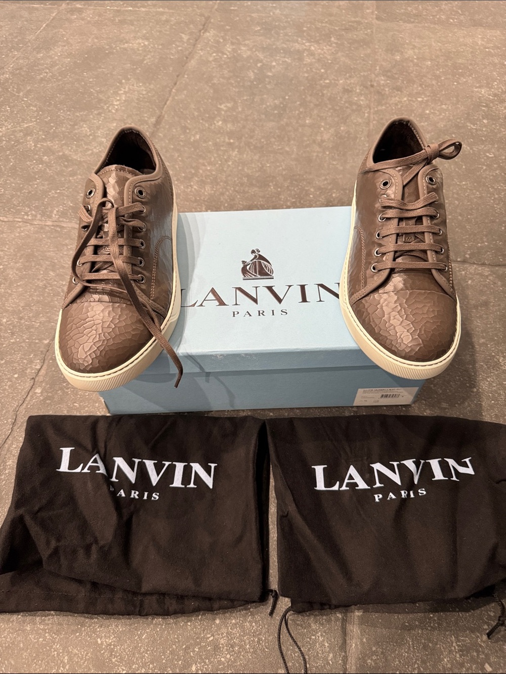 Lanvin Men's Brown Textured Leather Low-Top Sneakers with White Sole